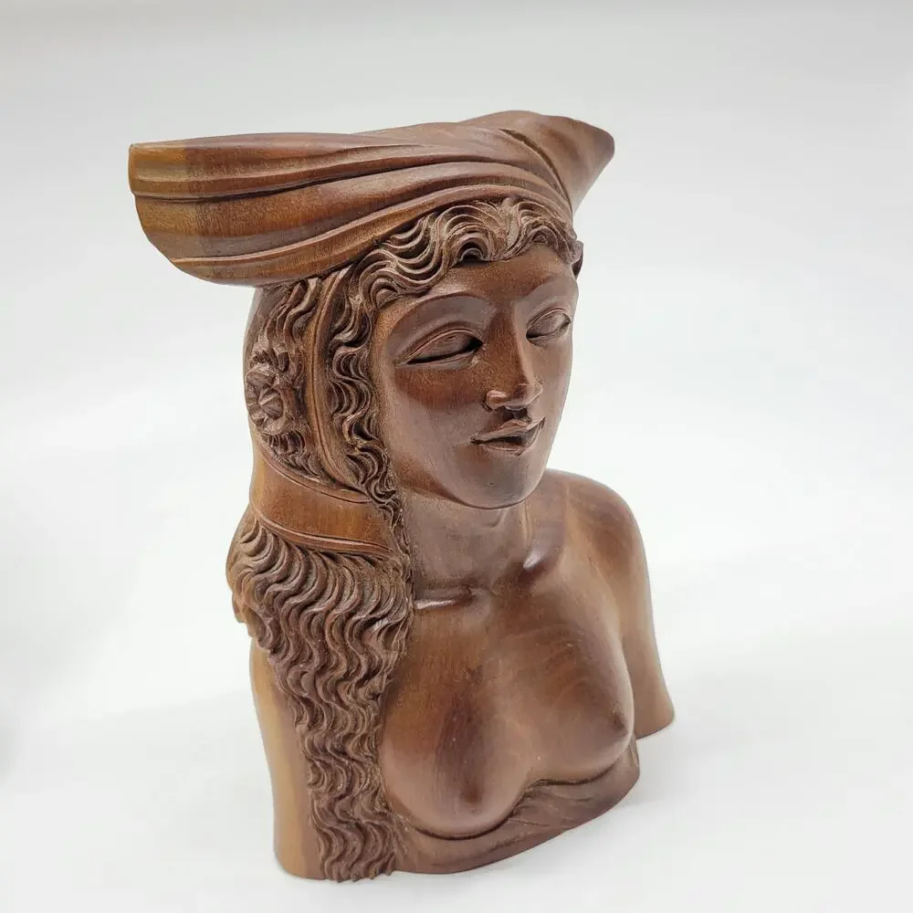 Vintage Bali Solid Carved Wooden Bust of a Young Woman Princess
